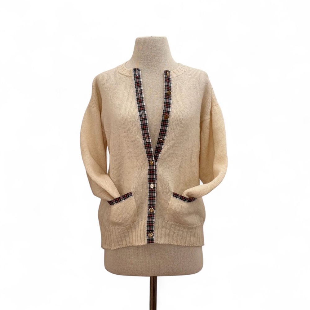Vintage Scotland Academia Preppy Cream Tartan 100% Wool  Cardigan Sweater Sz S/M